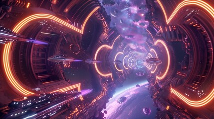 Wall Mural - A formation of space vessels soaring through a hyper warp corridor filled with neon arches and glowing structures, with the vastness of space stretching endlessly beyond,