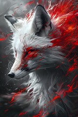 Canvas Print - Ethereal Nine-Tailed Fox Enveloped in Crimson Flames,Dramatic Japanese Ink Painting Aesthetic