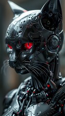 Canvas Print - Fearsome Cyborg Cat Warrior:Sleek Black and Chrome Mechanical Predator Poised for Battle