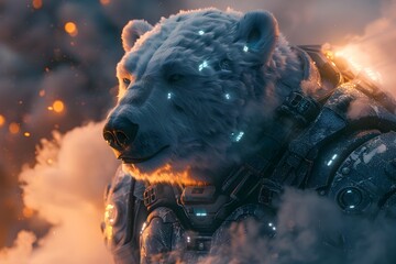 Sticker - Ferocious Cyborg Polar Bear Warrior Stands Ready for Battle in Dramatic Smoke-Filled Cinematic 3D Visualization