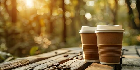 Wall Mural - Paper cup lids mockup with nature background for coffee or tea. Concept Mockup design, Paper Cup, Nature Background, Coffee, Tea