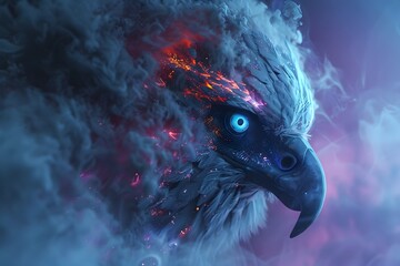 Wall Mural - Fierce Cyborg Eagle Warrior Surrounded by Colorful Technological Smoke