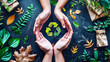 © apirom - Sustainable products being offered by hands overlaid with images of leaves and recycling symbols, encouraging environmentally friendly purchasing decisions.
