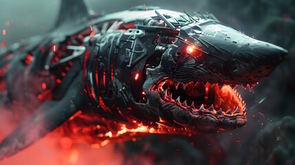 Poster - Menacing Cyborg Shark Warrior:A Visually Stunning 3D Depiction of Technological Evolution and Organic Fusion