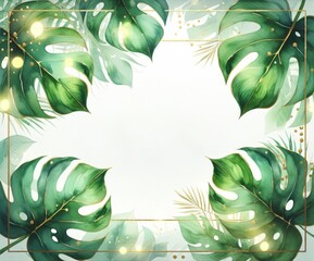 Serene botanical frame with tropical monstera leaves and gold accents for nature-themed projects.