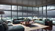 © Ehtasham - Interior architectural hi-res editorial living room with massive glass windows overlooking the ocean, hurricane outside, torrential rain, detailed, high resolution, photorrealistic
