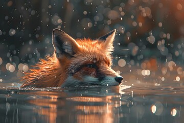 a fox swims in a deep river