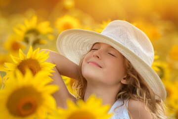 Blissful young girl enjoying summer in a sunflower field