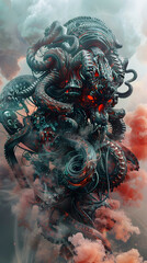 Wall Mural - Terrifying Cyborg Hydra:Mechanical Serpents Against Vibrant Hazy Backdrop in Stunning 3D