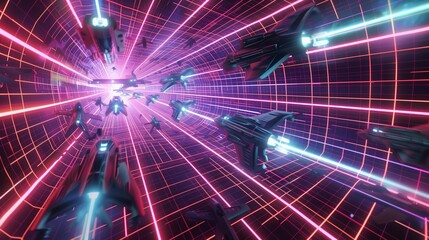 Wall Mural - A squadron of high-speed starships weaving through a mesmerizing array of neon grids and geometric shapes in a hyper warp journey across the cosmos,