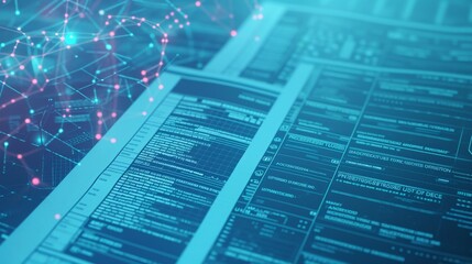 A close-up view of vibrant digital data screens displaying coding and network connectivity with luminous nodes and links in blue and green hues.
