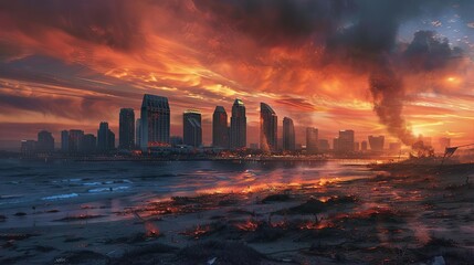 Wall Mural - postapocalyptic fictional san diego city skyline armageddon scifi survival concept illustration