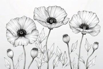 Line art of poppies and flowers Simple contour illustration. Generative Ai