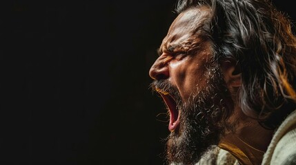 Wall Mural - side profile of jesus christ shouting in anger cleansing of the temple concept black background