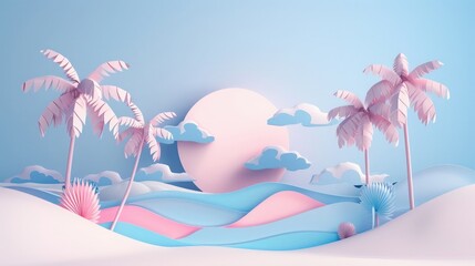 3D render, abstract beach background with palm trees and clouds