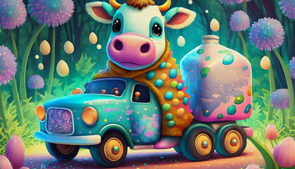 oil painting style cartoon character illustration Multicolored close up a baby cow is holding a bottle of milk and driving TRUCK,