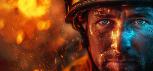 Portrait of a hero firefighter in a protective helmet in close-up. The emaciated face of a firefighter with blue eyes against a background of fiery flames. Fighting forest fires.Banner with copy space