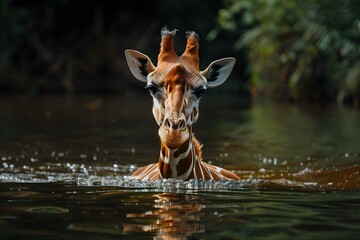 Wall Mural - a giraffe swims in a deep river