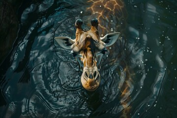 Wall Mural - a giraffe swims in a deep river