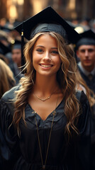 Wall Mural - Portrait of smiling graduate girl in black cap and gown. Education and graduation theme.