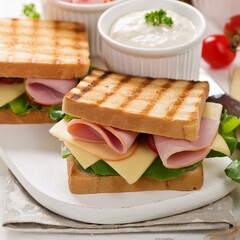 Wall Mural - toasted sandwich with ham, cheese and vegetables