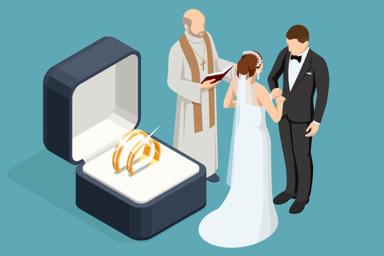 Isometric Golden wedding rings in a gift box, the groom in a suit and the bride in a brown wedding dress Bride and groom on the altar, listen to speech of priest during wedding ceremony in the church