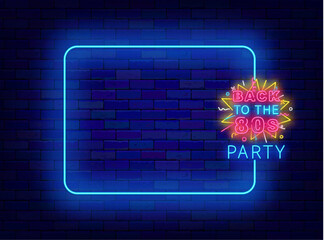 Wall Mural - Back to 90s party neon poster. Vintage event celebration promotion. Shiny greeting card. Empty blue frame and text with firework. Glowing banner. Editing text. Vector stock illustration