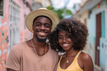 Portrait of a handsome young couple. Street photography, contemporary style. Happy couple smiling on a city street. Couple vacation concept