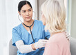 © peopleimages.com - Stethoscope, woman doctor and senior patient in hospital for examination, consulting or heart assessment. Cardiology, listen and physician with elderly person for heartbeat, arrythmia or diagnosis