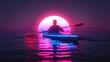 © Екатерина Чумаченко - Silhouette kayaking on the beach with man looking at sunset in neon style and place for text banner