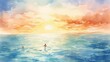 © peerasak - Two people are swimming in the ocean at sunset,watercolor illustrations ,summer season.