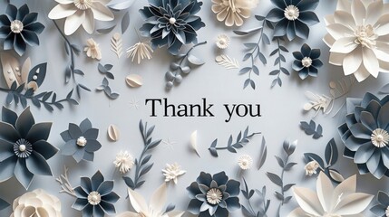 paper cut flowers in grey and white colors on a light background, the text 