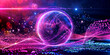 © Mehdi - An abstract neon energy sphere composed of particles and waves, glowing magically on a dark background. Circle and loop frames with mystical purple and pink flames and sparks isolated on the backgroun