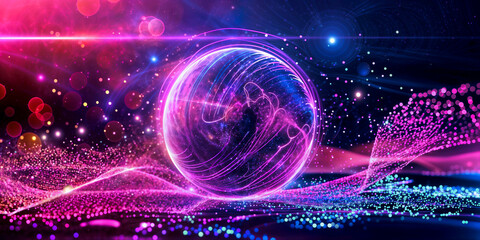 An abstract neon energy sphere composed of particles and waves, glowing magically on a dark background. Circle and loop frames with mystical purple and pink flames and sparks isolated on the backgroun