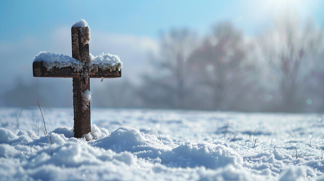 Old wood christian cross standing covered white snow winter forest copy space