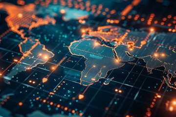 Wall Mural - Close view of a world map, glowing lines between financial hubs symbolize the backbone of international commerce