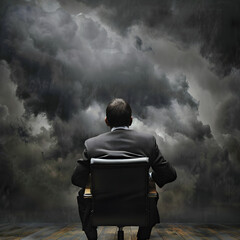 A man in a suit is sitting in a chair in front of a stormy sky. Scene is one of contemplation and introspection, as the man looks out at the dark clouds and ponders his thoughts