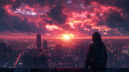 Wall Mural - Lofi Lo-fi hooded guy overlooking the scenery, a young guy with a hoodie, illustration, wallpaper, backdrop 16:9