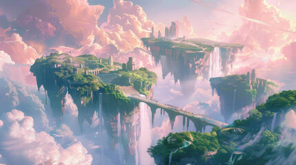 Mystical, Floating Islands, Several floating islands of varying sizes, connected by ancient stone bridges and waterfalls cascading into the void below, anime background.