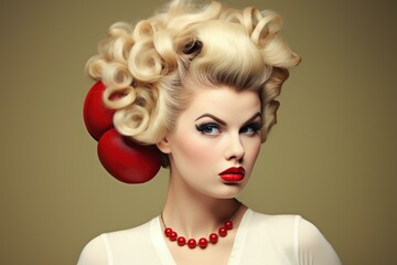 Wall Mural - Elegant woman embodying vintage fashion with a sophisticated retro hairstyle and bold makeup