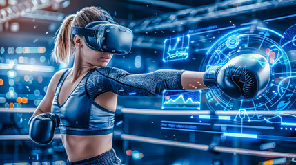 A female athlete in a sports bra and boxing gloves engages in a high-tech virtual training session, using VR technology in a modern gym with holographic displays.

