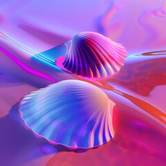 Wall Mural - Two shells are floating on a purple background. The shells are colorful and appear to be floating on a wave. Scene is calm and serene, as if the shells are floating peacefully on the water