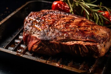 Delicious medium rare ribeye steak on a plastic tray against a rusted iron background