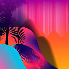 Wall Mural - A colorful background with a palm tree and mountains. The background is a mix of blue, purple, and orange. The palm tree is the main focus of the image, and it is surrounded by the mountains