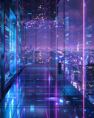 Wall Mural - a cityscape with a neon glow and a reflection of the city in the glass. scene is futuristic and vibr