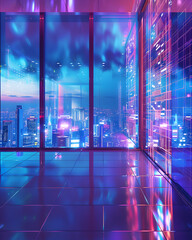 Wall Mural - a cityscape with a neon glow and a reflection of the city in a window. scene is futuristic and vibra
