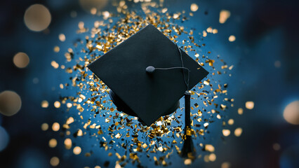 Wall Mural - 3D black graduation cap with golden confetti, university graduate celebration, blue background