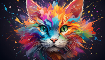  A colorful cat with green eyes is the main focus of the image