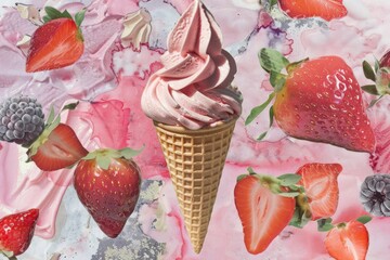 Wall Mural - Sweet summer treat ice cream cone with fresh strawberries and fruit on pink background