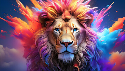  A colorful lion with a green eye